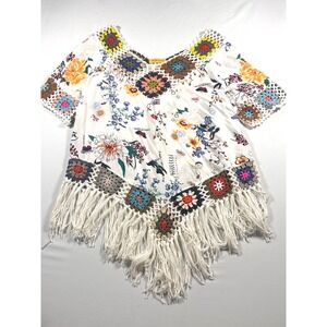 NEGS Floral Crochet Granny Square Fringe Tunic Top Boho Festival White Multi